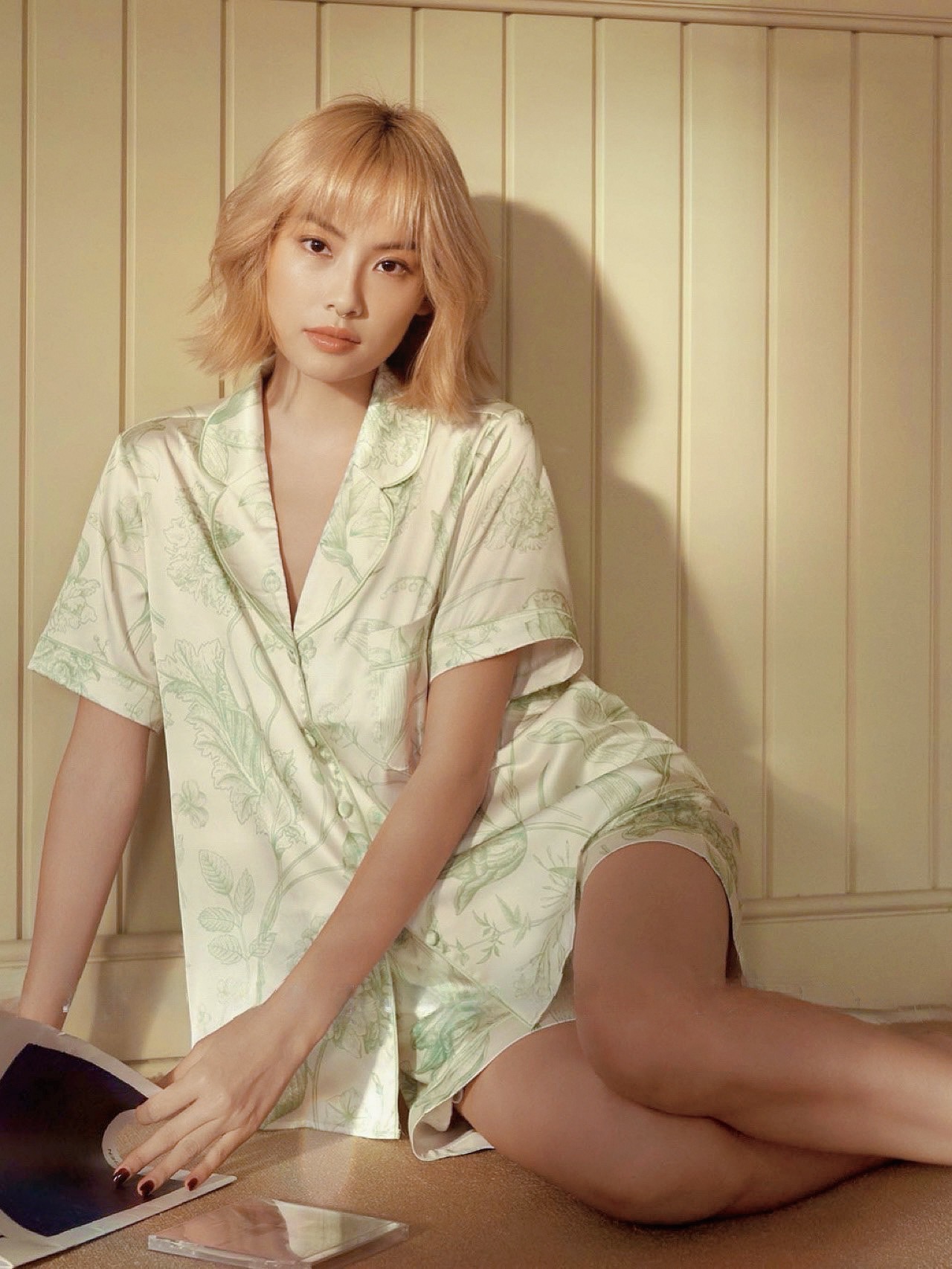 Bộ pijama tphcm nữ ngắn tay dáng suông họa tiết chất liệu mango xanh lá