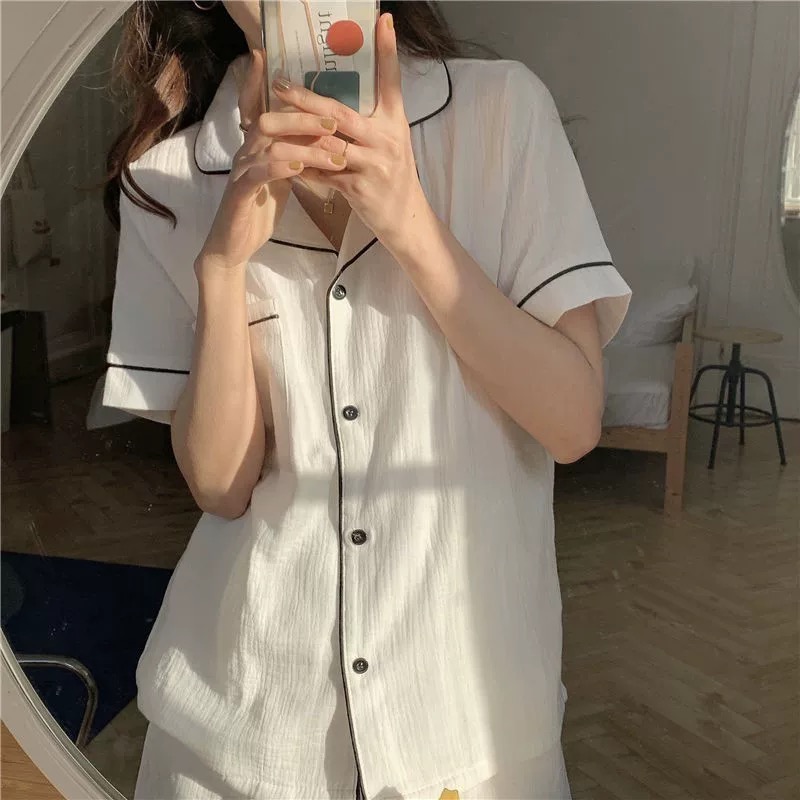 Bộ Pijama nữ tay ngắn trơn phối cổ sam cùng line tinh tế chất liệu cotton trắng
